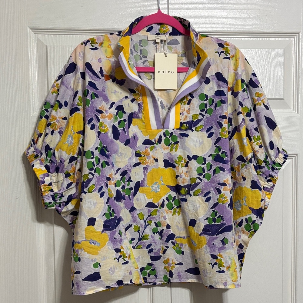 entro Short-Sleeve Floral Popover in Yellow, Purple & Green NWT